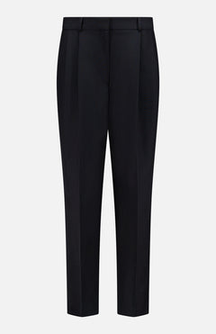 The TOTEME Double-Pleated Tailored Trousers feature belt loops, front pleats, and a straight-leg cut in recycled polyester, shown in black against a plain white background.