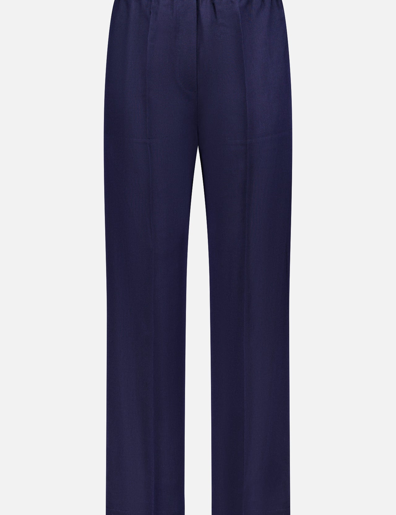 TOTEME Fluid Winter Trousers in navy blue, featuring a high waist, straight-leg fit, elastic waistband, and tailored front crease, shown against a plain white background.
