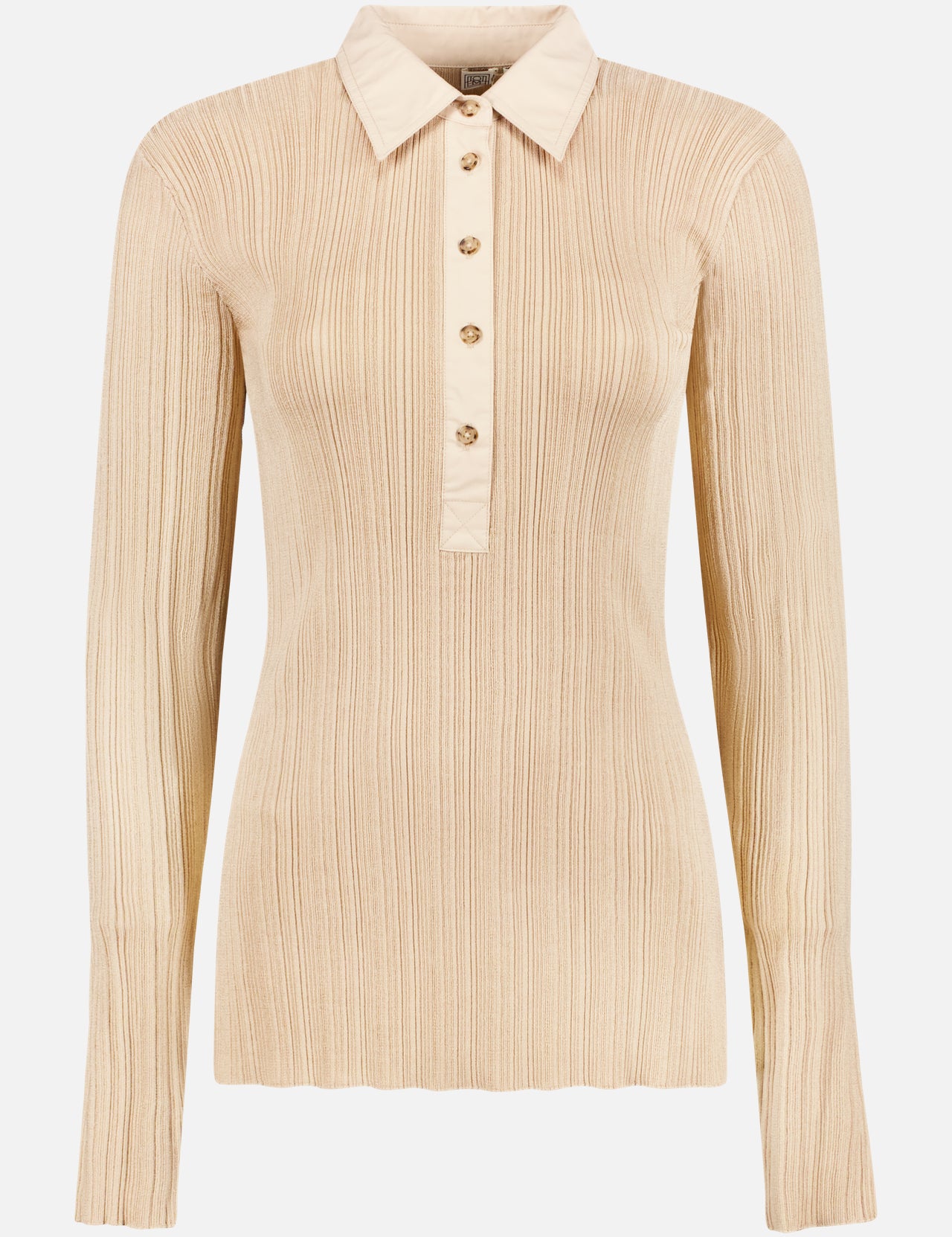 The TOTEME Half-Placket Knit Shirt is a beige, ribbed, long-sleeve top with a collar and five-button placket, crafted from responsibly sourced wool for an elevated minimalist feel.