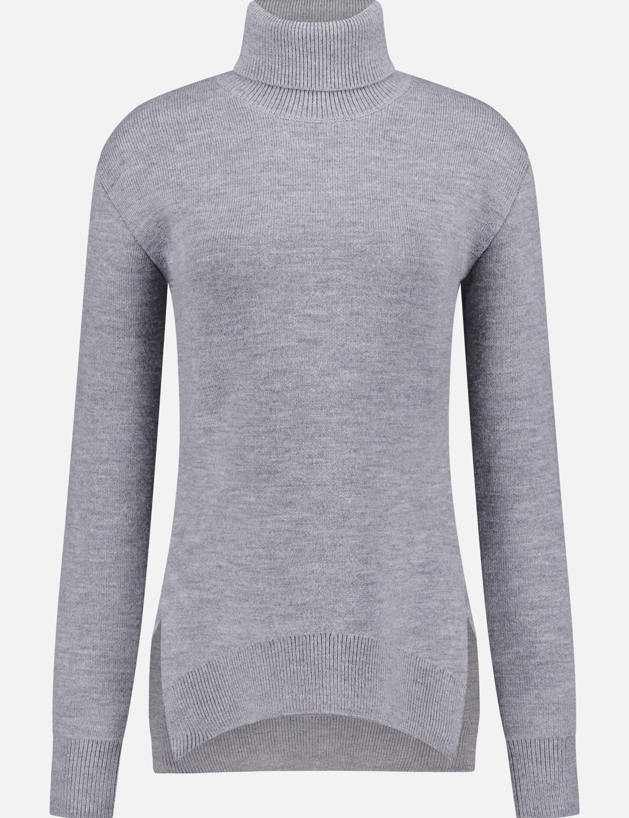 The TOTEME High-Neck Double Knit Sweater is a light gray, long-sleeve pullover with a ribbed high neck and high-low hem, displayed on a plain white background.