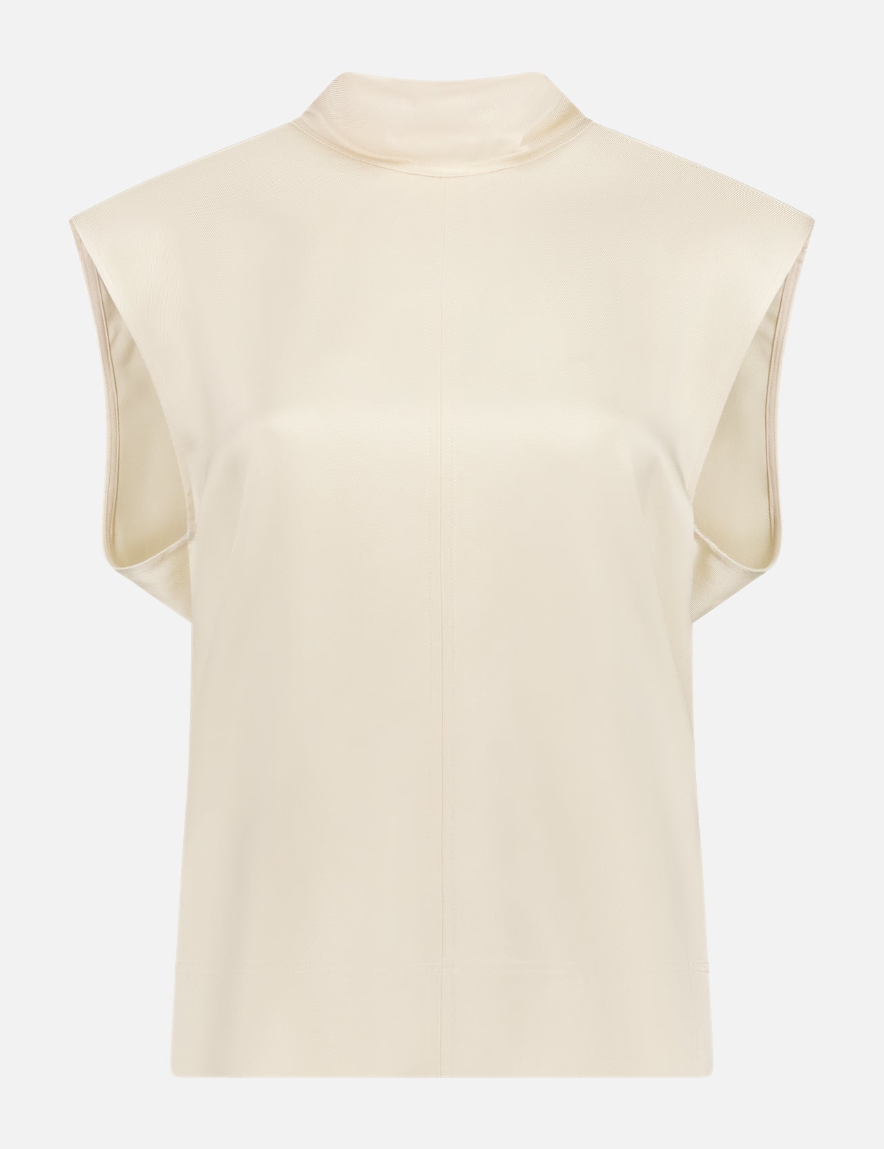 The TOTEME Sleeveless High Neck Blouse is off-white with a smooth, leather-like finish, shown on a plain white background. Its minimalist design features straight lines, a boxy fit, and a subtle funnel neck.