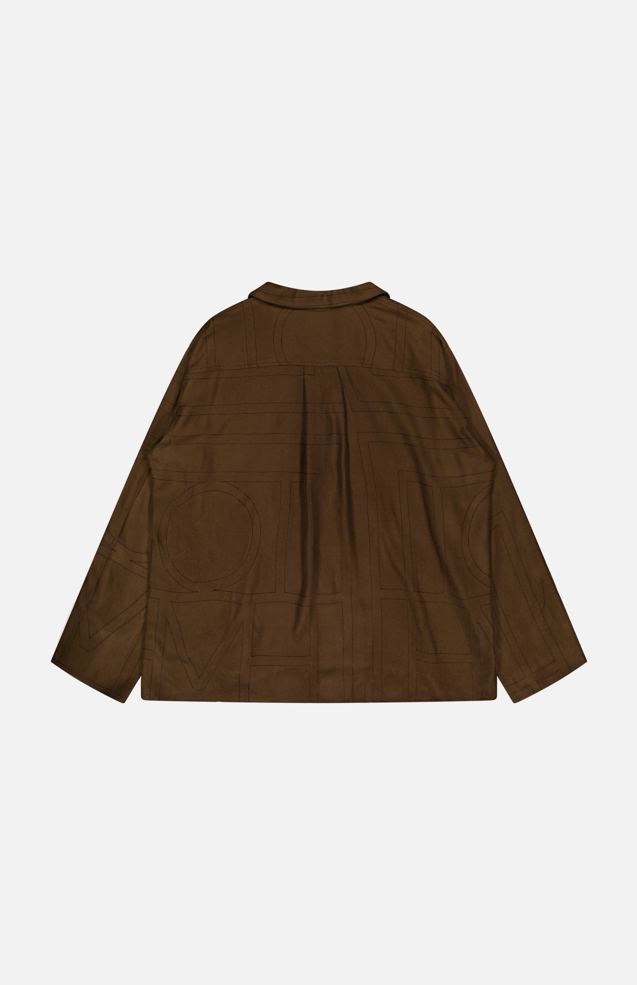 The TOTEME Monogram Flannel PJ Top is shown flat from the back in dark brown, featuring subtle geometric stitched patterns, a collar, and a loose, relaxed silhouette.