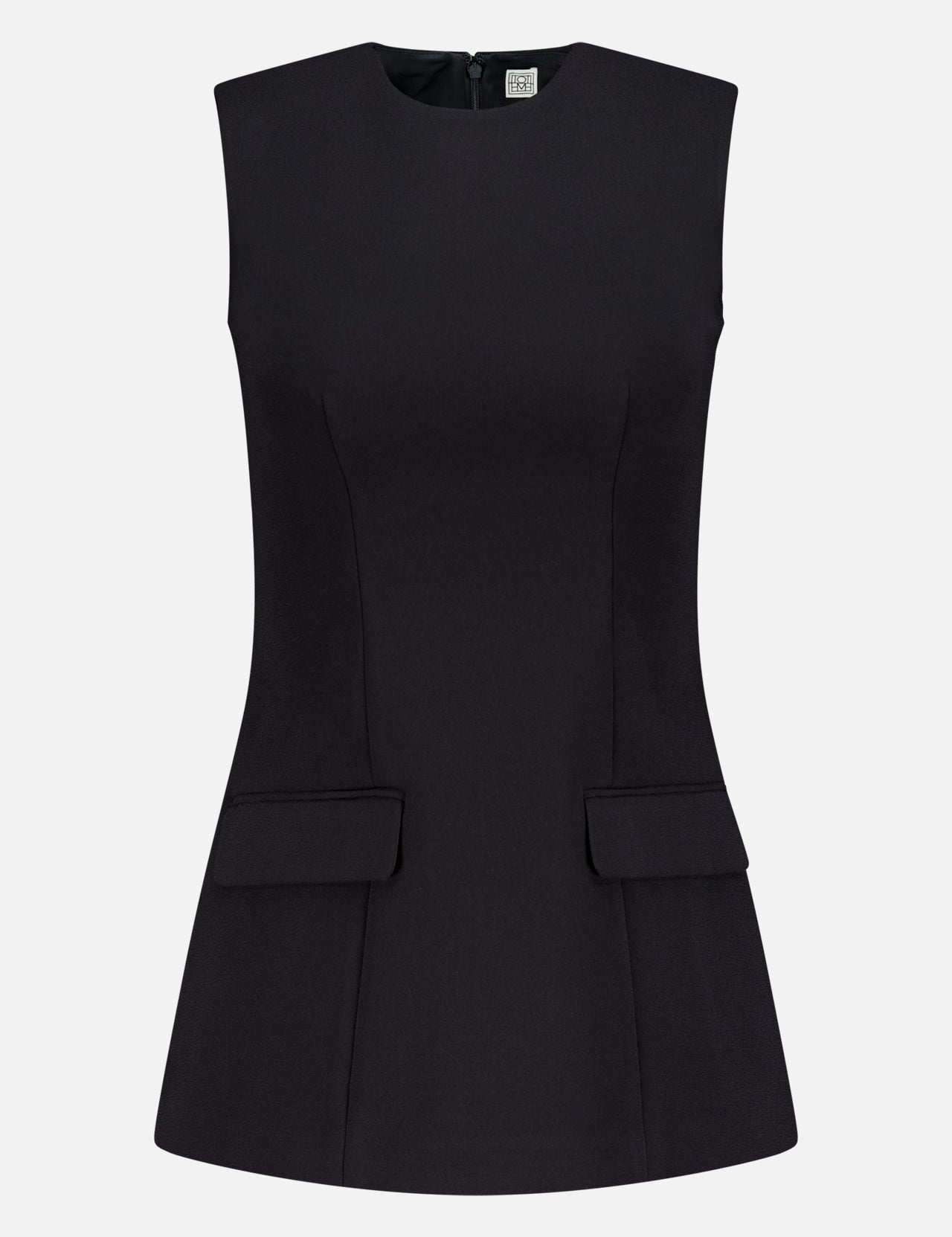 TOTEME Sleeveless Pocket Top in black, featuring a round neckline, slim fit, peplum waist, and two hip flap pockets, shown on a plain white background.