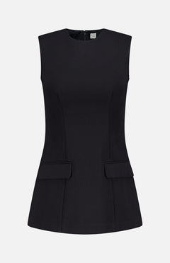 TOTEME Sleeveless Pocket Top in black, featuring a round neckline, slim fit, peplum waist, and two hip flap pockets, shown on a plain white background.