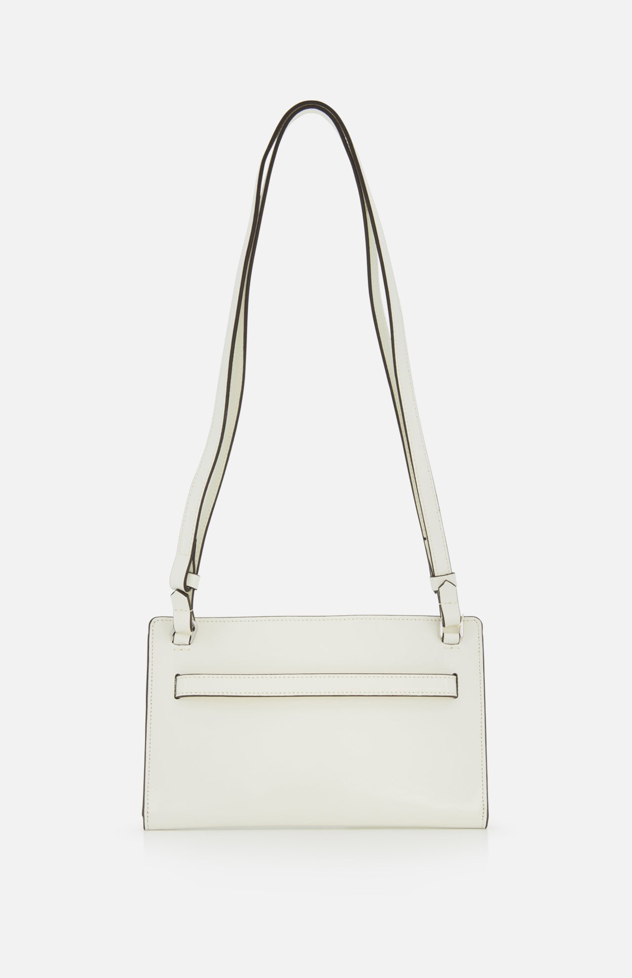 The TOTEME Belted Naplack Crossbody Bag, crafted in Italy from white leather with minimal black stitching and a long double strap, is shown on a plain white background.