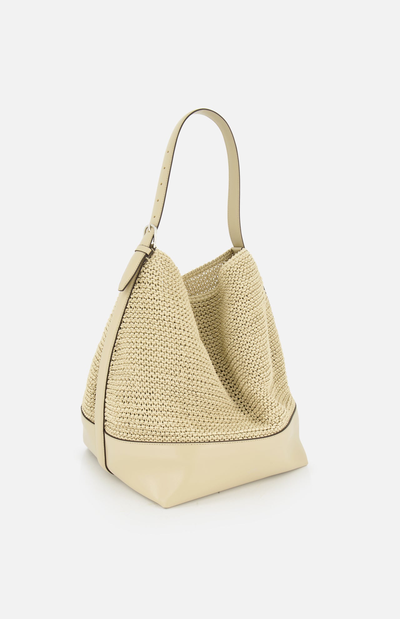 The TOTEME Belted Woven Leather Tote Bag, featuring beige woven leather, an adjustable strap, and leather trim at the base, is showcased against a white background.
