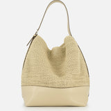 The TOTEME Belted Woven Leather Tote Bag features a beige woven design, single wide strap, and smooth light beige leather bottom—an elegant Italian handbag displayed against a white background, perfect for any occasion.