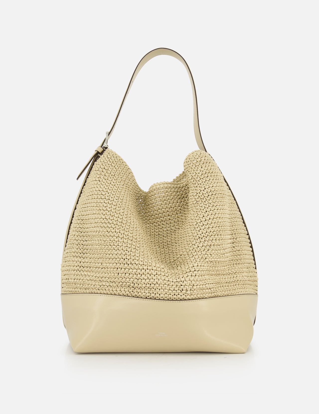 The TOTEME Belted Woven Leather Tote Bag features a beige woven design, single wide strap, and smooth light beige leather bottom—an elegant Italian handbag displayed against a white background, perfect for any occasion.