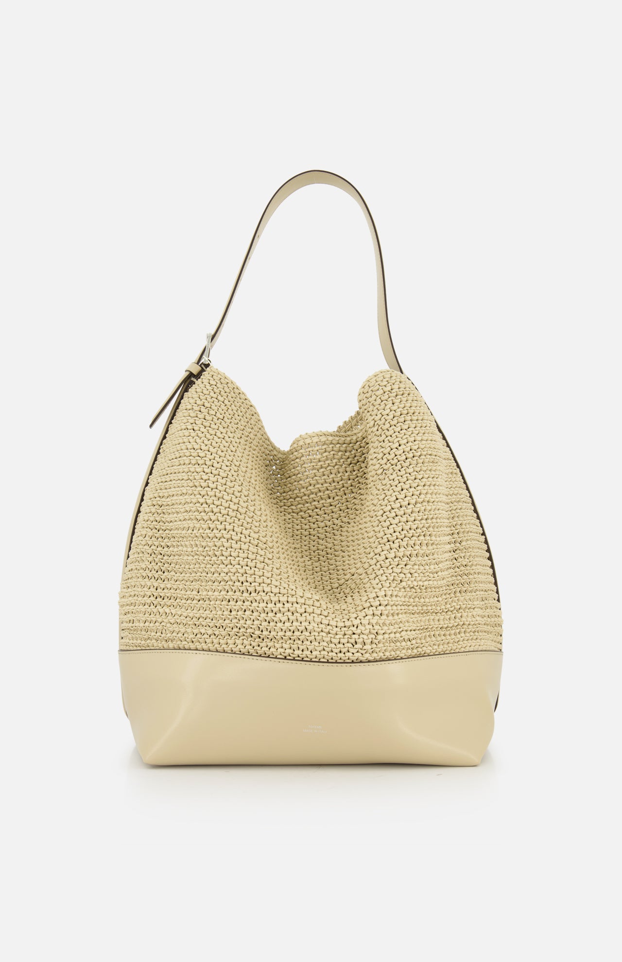 The TOTEME Belted Woven Leather Tote Bag features a beige woven design, single wide strap, and smooth light beige leather bottom—an elegant Italian handbag displayed against a white background, perfect for any occasion.