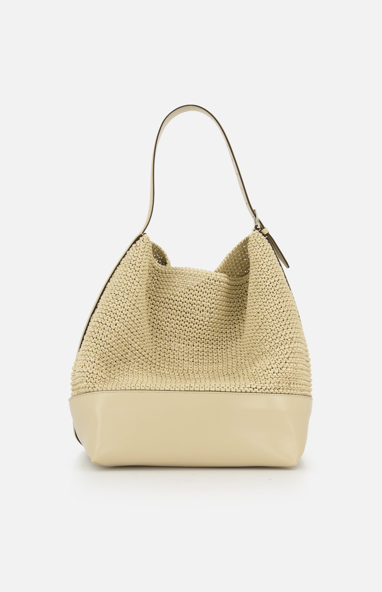 The TOTEME Belted Woven Leather Tote Bag features a beige woven leather design, a curved top handle, and a smooth solid beige leather base, shown against a plain white background.
