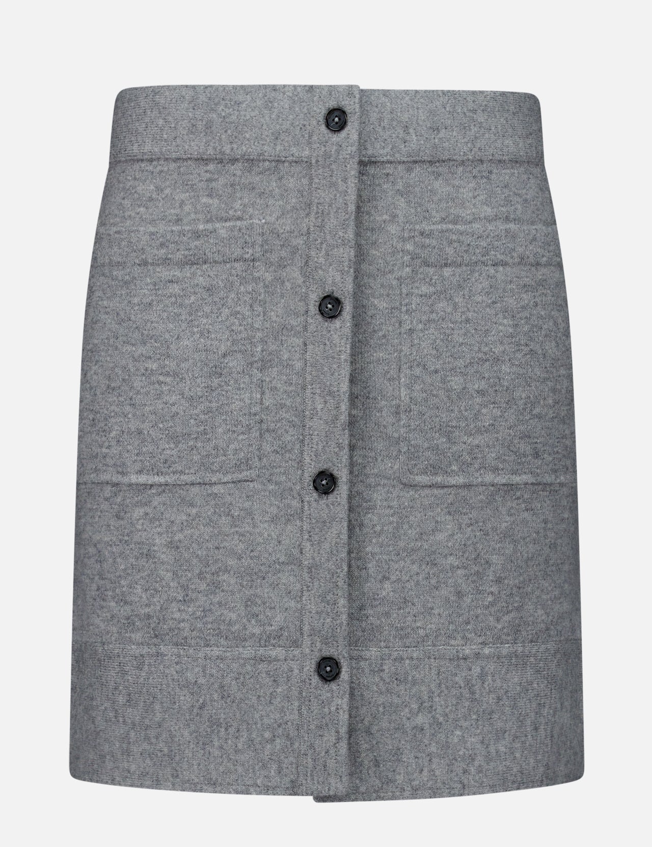 The TOTEME Buttoned Cashmere Skirt is a slim-fit, grey mini skirt designed with a front button-down closure and two large patch pockets, displayed against a plain white background.