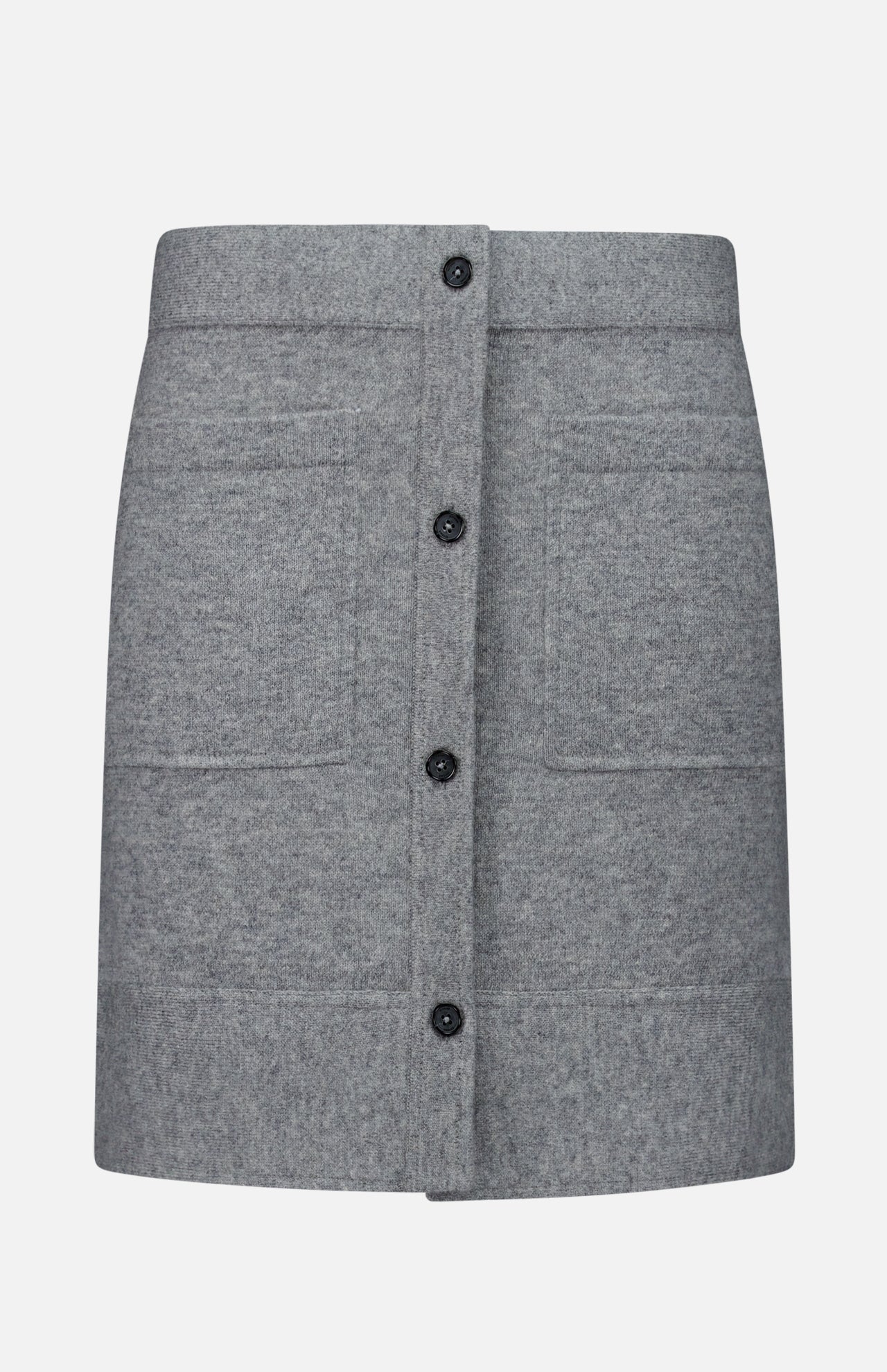 The TOTEME Buttoned Cashmere Skirt is a slim-fit, grey mini skirt designed with a front button-down closure and two large patch pockets, displayed against a plain white background.