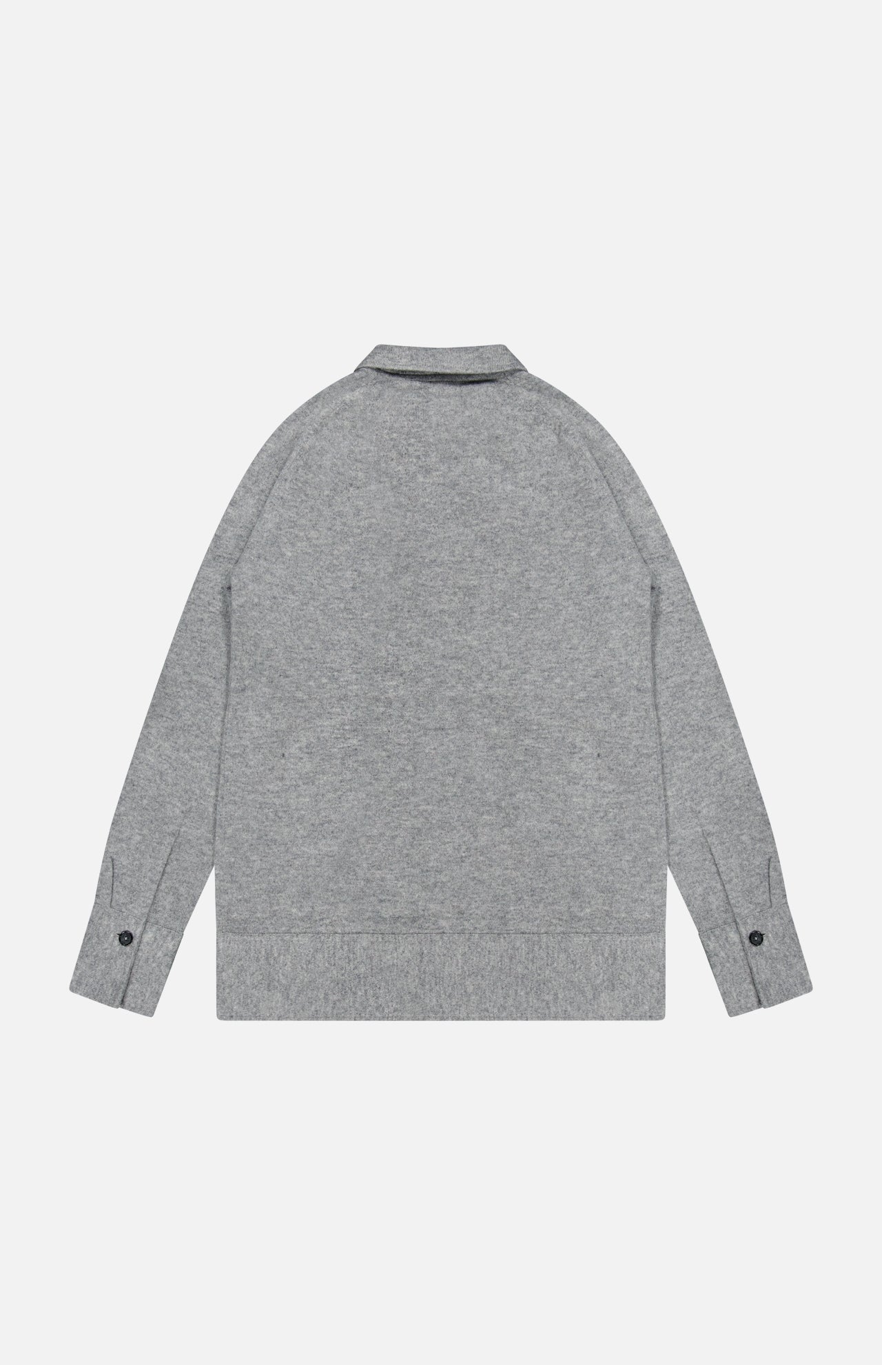 A TOTEME Cashmere Long Sleeve Cardigan in grey is laid flat on a white background with the back side facing up. This featherlight sweater features a ribbed hem and cuffs, along with distinctive button details on the sleeves.