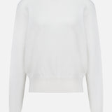 The TOTEME Classic Cotton Crewneck Knit Sweater features a plain white design with ribbed cuffs, hem, and neckline, shown against a white background.