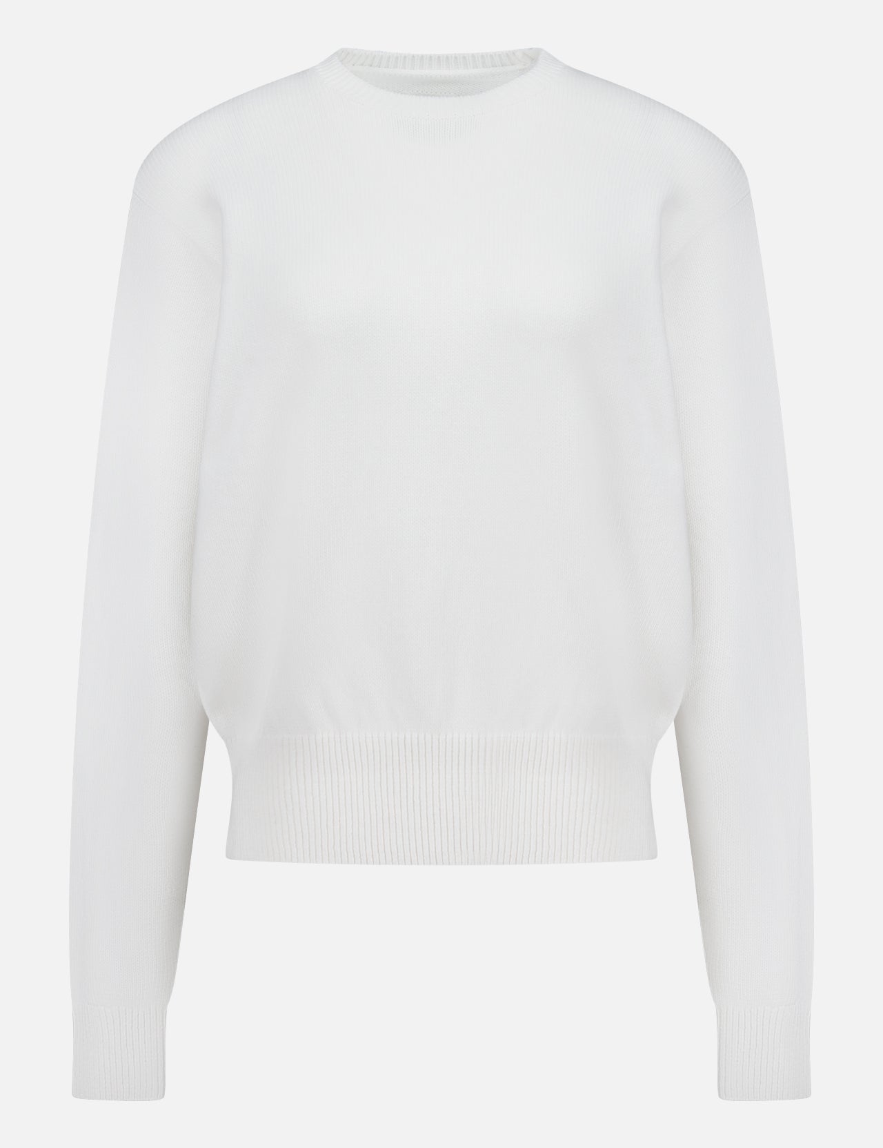 The TOTEME Classic Cotton Crewneck Knit Sweater features a plain white design with ribbed cuffs, hem, and neckline, shown against a white background.