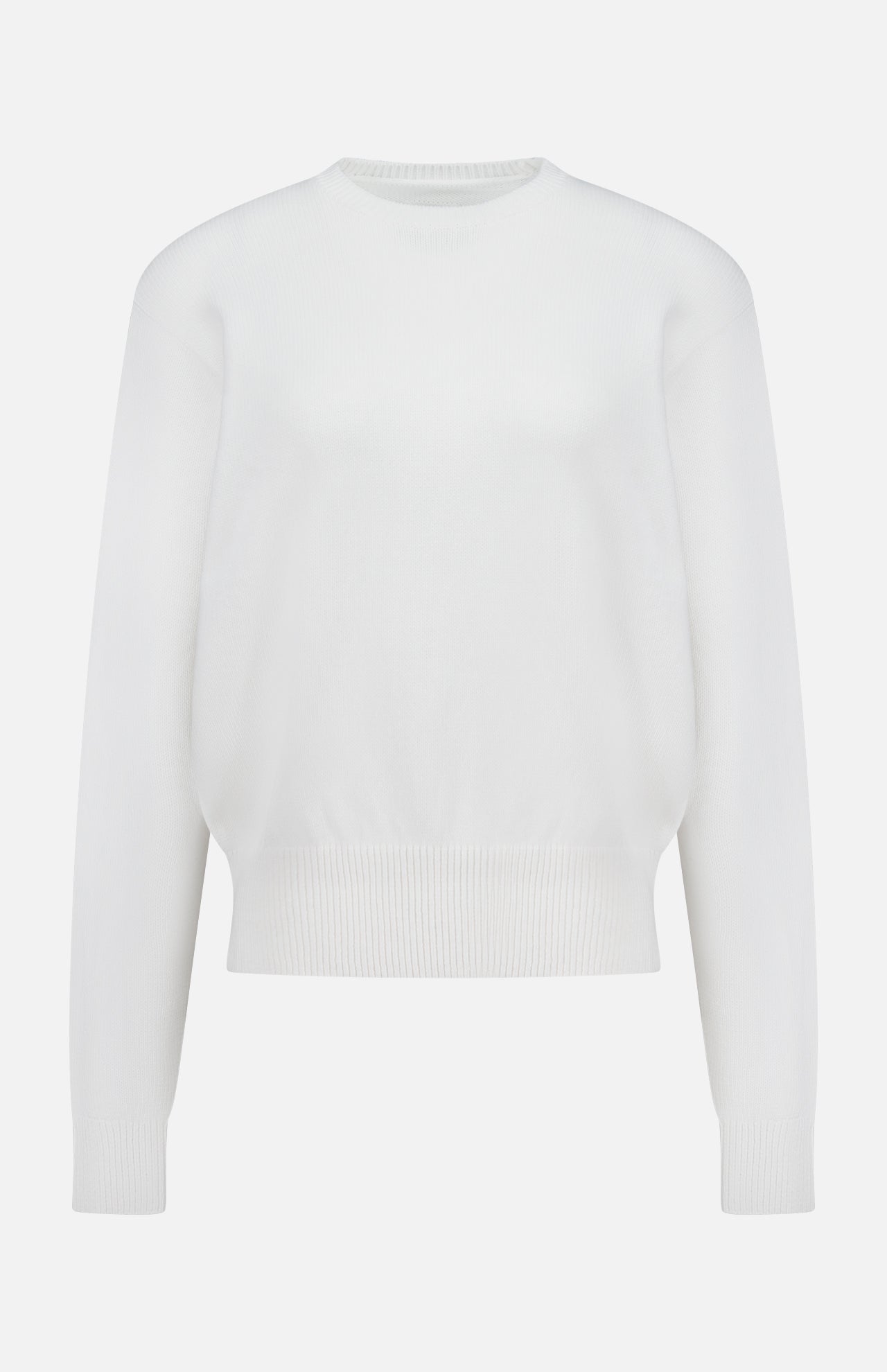 The TOTEME Classic Cotton Crewneck Knit Sweater features a plain white design with ribbed cuffs, hem, and neckline, shown against a white background.