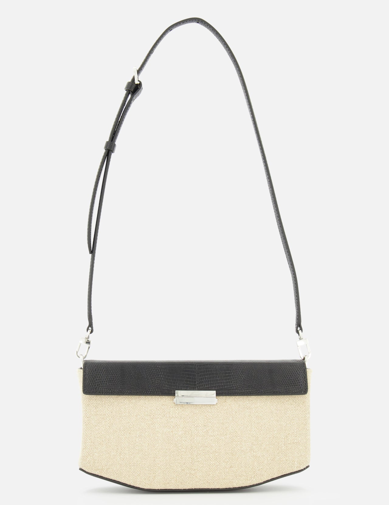The TOTEME Clip Canvas Shoulder Bag is a rectangular beige and black accessory in canvas and leather, designed with a long adjustable strap, silver front clasp, and minimalist modern style, shown on a plain white background.