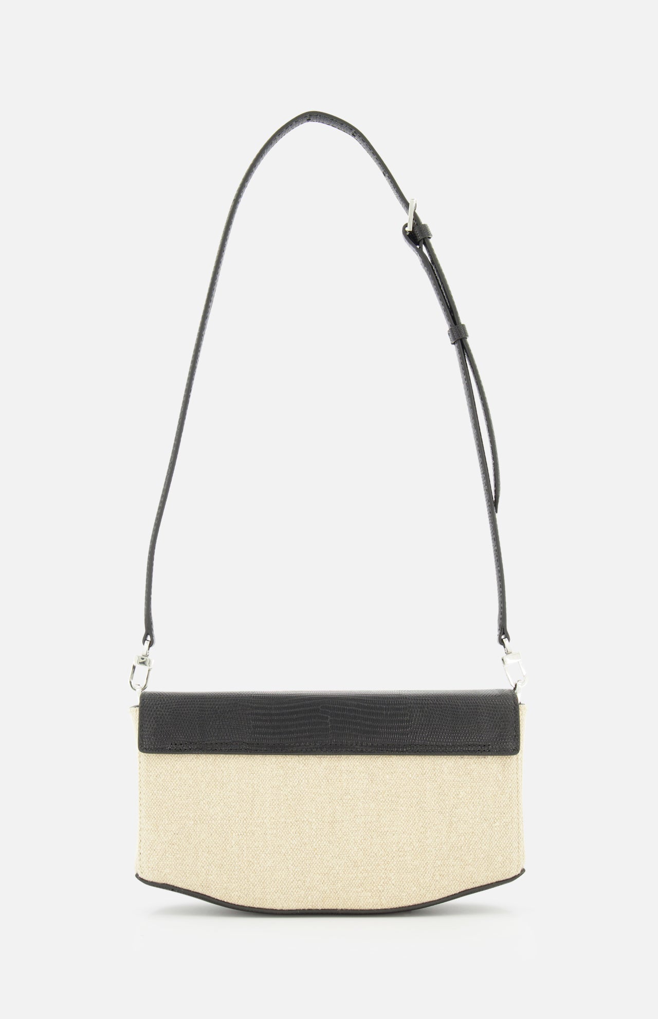 The TOTEME Clip Canvas Shoulder Bag is a beige rectangular design in canvas and leather with a black textured top panel and adjustable black strap, shown against a plain white background.
