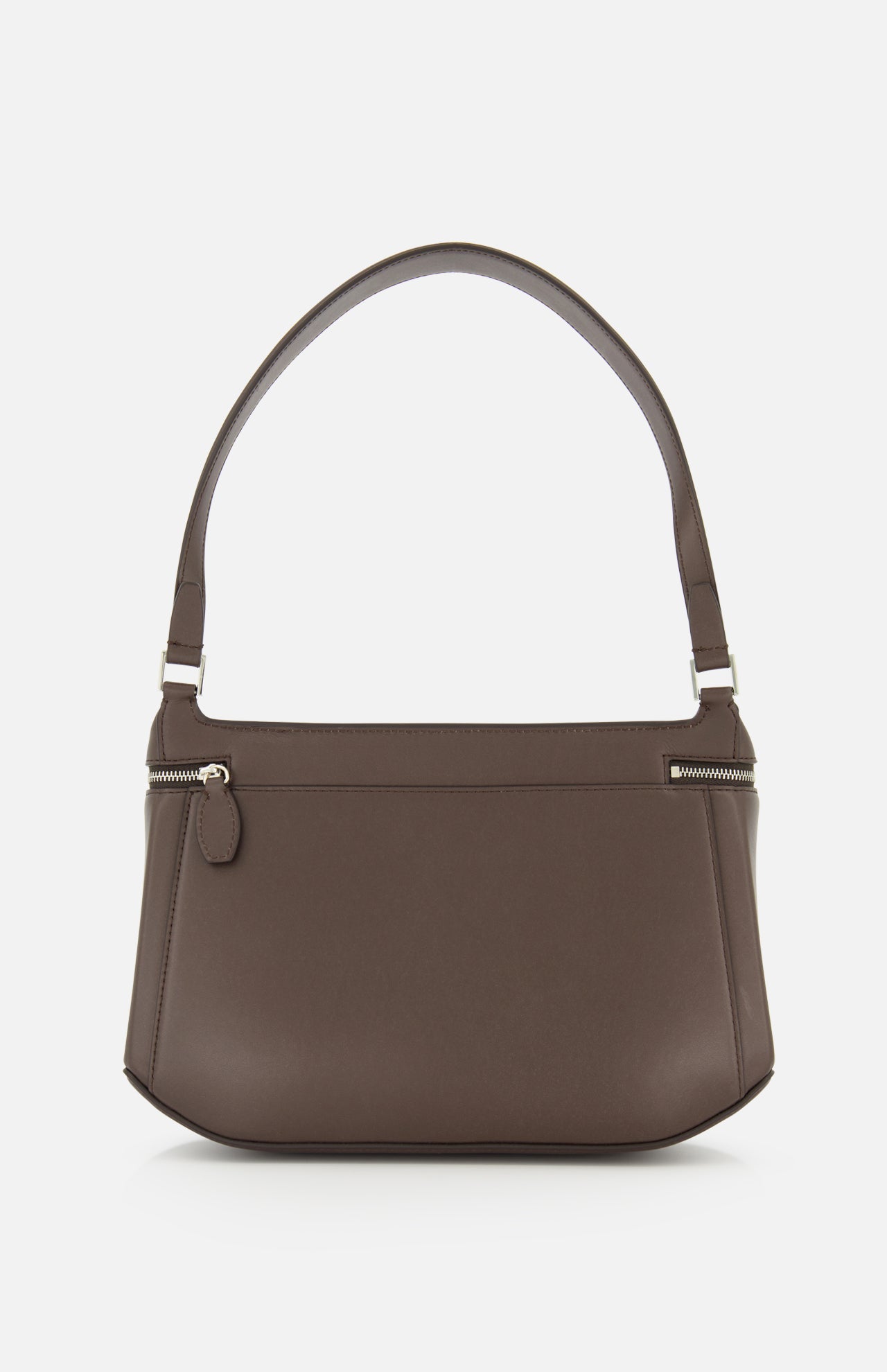 Introducing the Clip Leather Shoulder Bag by TOTEME—a dark brown leather handbag featuring a single handle, elegant silver zipper detailing, and a clean, minimalist design. The bag’s structured, boxy silhouette is showcased against a white background, emphasizing its timeless appeal and refined Italian craftsmanship.