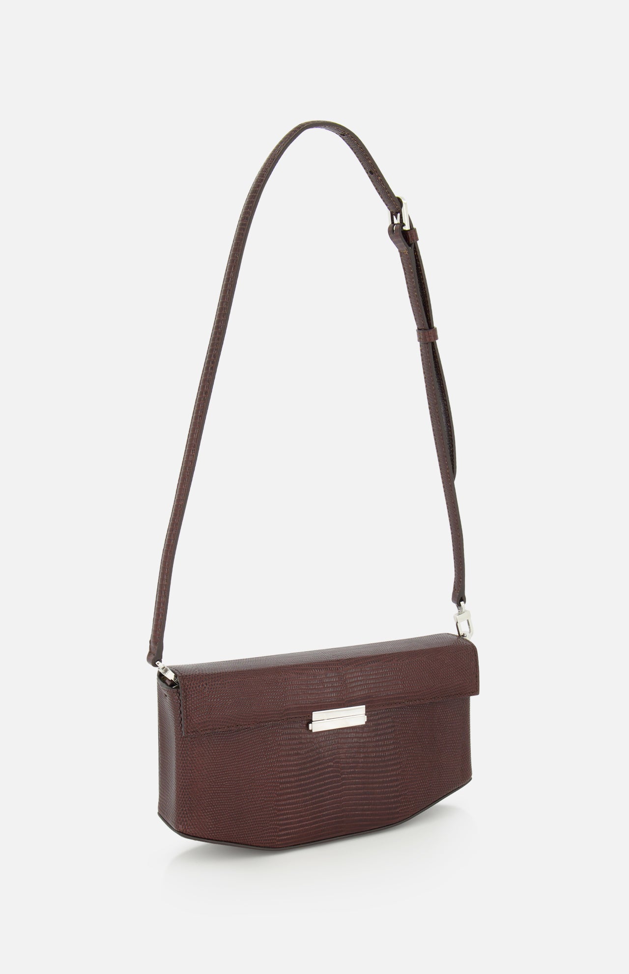 The TOTEME Clip Lizard-Embossed Shoulder Bag is a brown leather box bag with an adjustable strap and a rectangular silver accent, expertly crafted in Italy, shown against a plain white background.