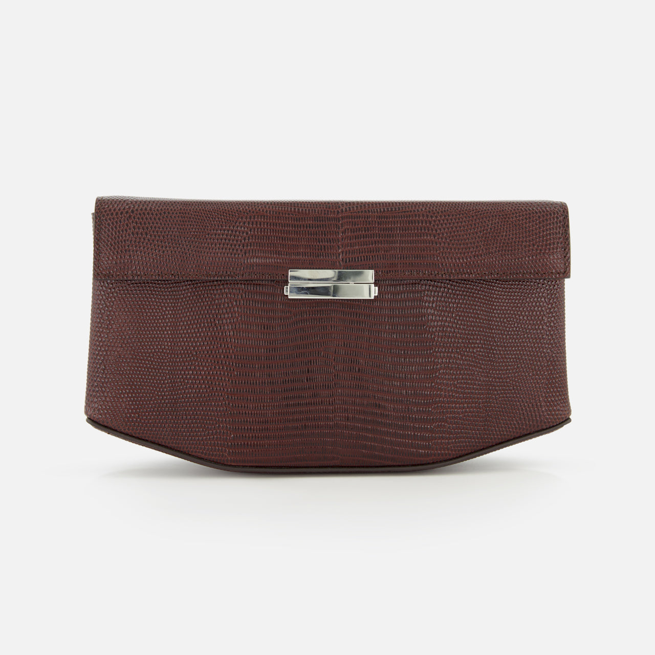 The TOTEME Clip Lizard-Embossed Shoulder Bag is a rectangular brown leather handbag with a lizard pattern and silver clasp, shown against a plain white background.