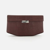 The TOTEME Clip Lizard-Embossed Shoulder Bag is a rectangular brown leather handbag with a lizard pattern and silver clasp, shown against a plain white background.
