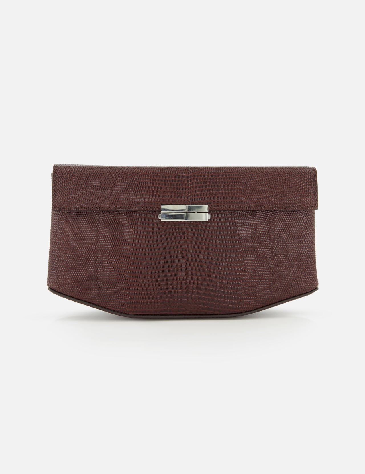 The TOTEME Clip Lizard-Embossed Shoulder Bag is a rectangular brown leather handbag with a lizard pattern and silver clasp, shown against a plain white background.