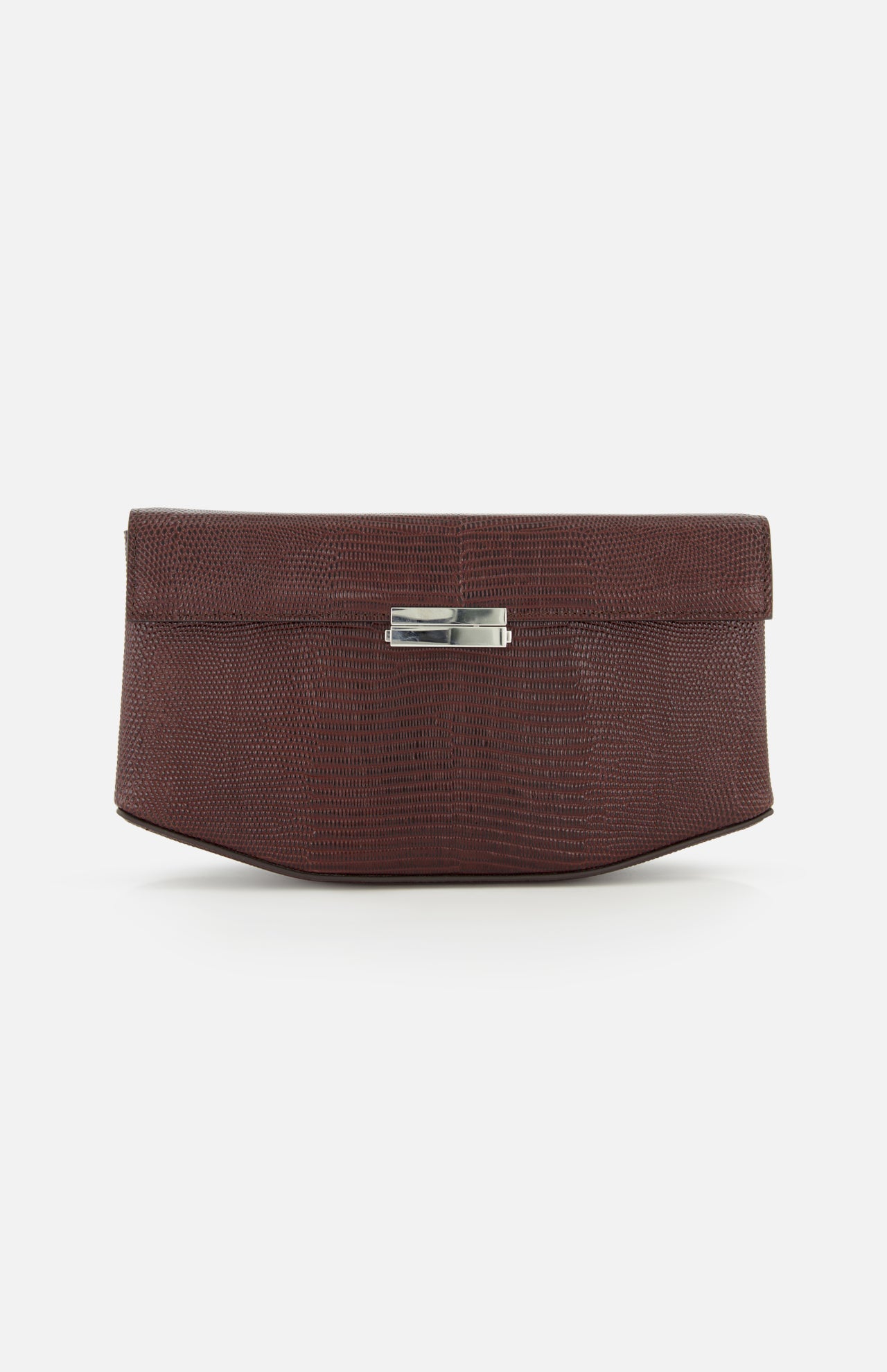 The TOTEME Clip Lizard-Embossed Shoulder Bag is a rectangular brown leather handbag with a lizard pattern and silver clasp, shown against a plain white background.