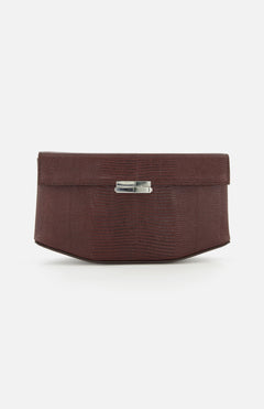 The TOTEME Clip Lizard-Embossed Shoulder Bag is a rectangular brown leather handbag with a lizard pattern and silver clasp, shown against a plain white background.