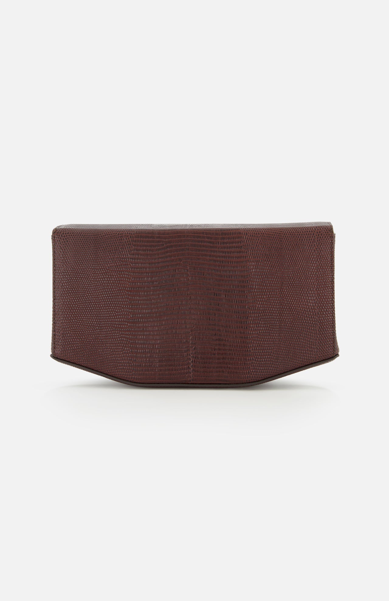 The TOTEME Clip Lizard-Embossed Shoulder Bag, shown from the bottom to emphasize its flat base and brown lizard-textured leather, is set against a plain white background. This elegant Italian-made bag combines style and sophistication.