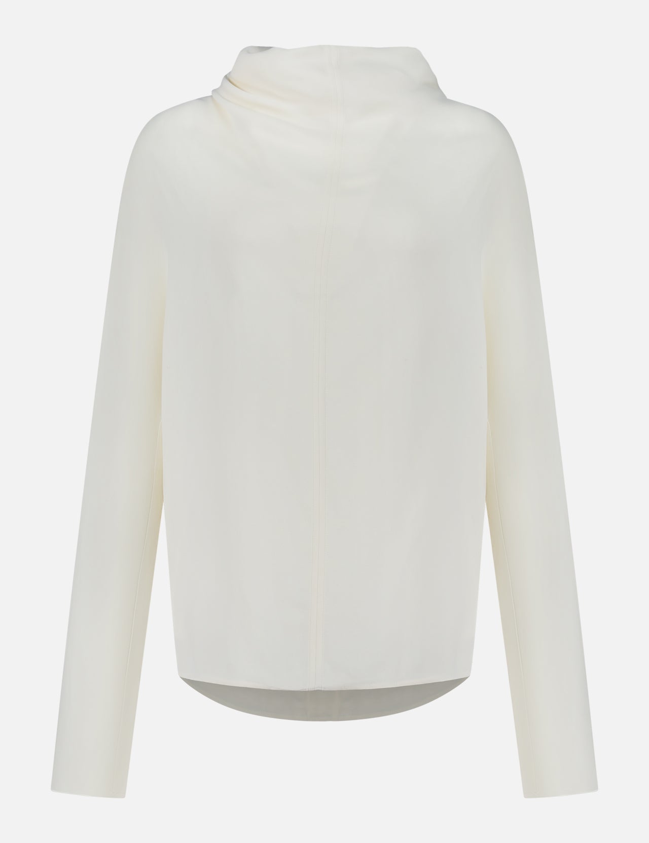 A back view of the TOTEME Cowl Neck Long Sleeve Blouse, featuring an off-white hue and minimalist design with a hooded silhouette, is photographed against a plain white background.