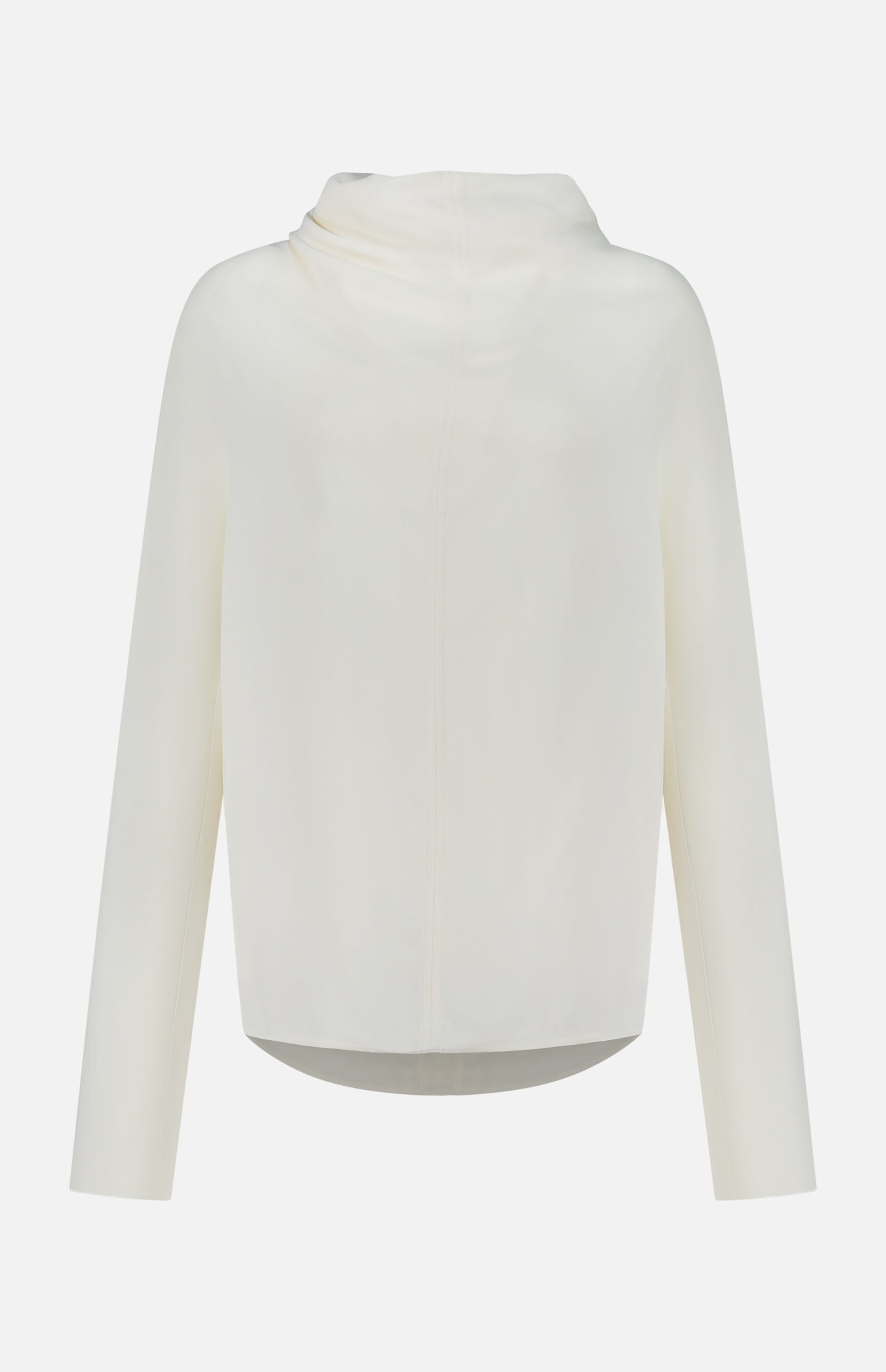 A back view of the TOTEME Cowl Neck Long Sleeve Blouse, featuring an off-white hue and minimalist design with a hooded silhouette, is photographed against a plain white background.