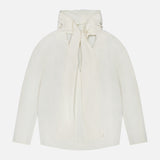 The TOTEME Cowl Neck Long Sleeve Blouse, crafted in off-white satin, features a sophisticated cowl neckline and is displayed on a plain white background.