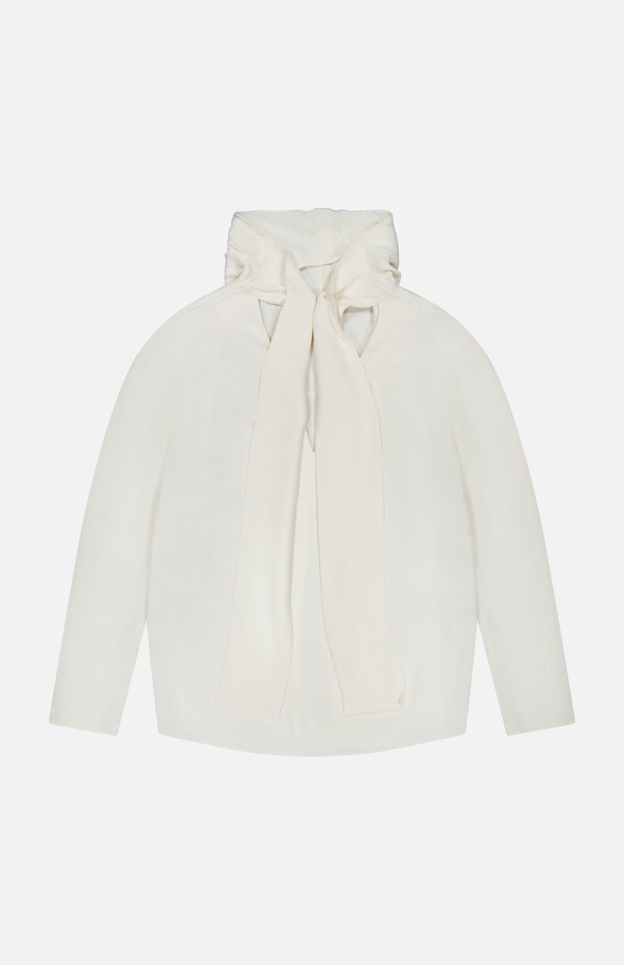The TOTEME Cowl Neck Long Sleeve Blouse, crafted in off-white satin, features a sophisticated cowl neckline and is displayed on a plain white background.