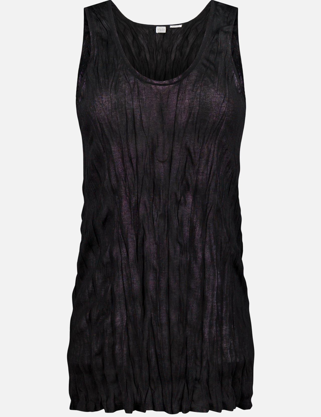 The TOTEME Crinkled Knit Tank Top is a sleeveless black top with textured, crinkled fabric and a flattering scoop neck, shown on a plain white background.