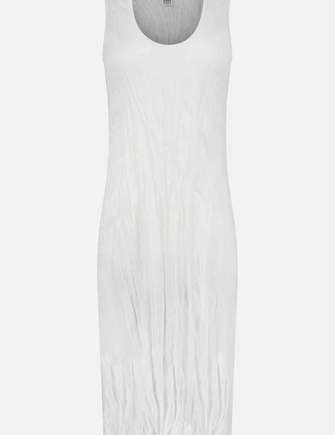 The TOTEME Crinkled Knit Tank Dress is a sleeveless white dress with a round neckline and subtle crinkled texture, shown on a plain white background.