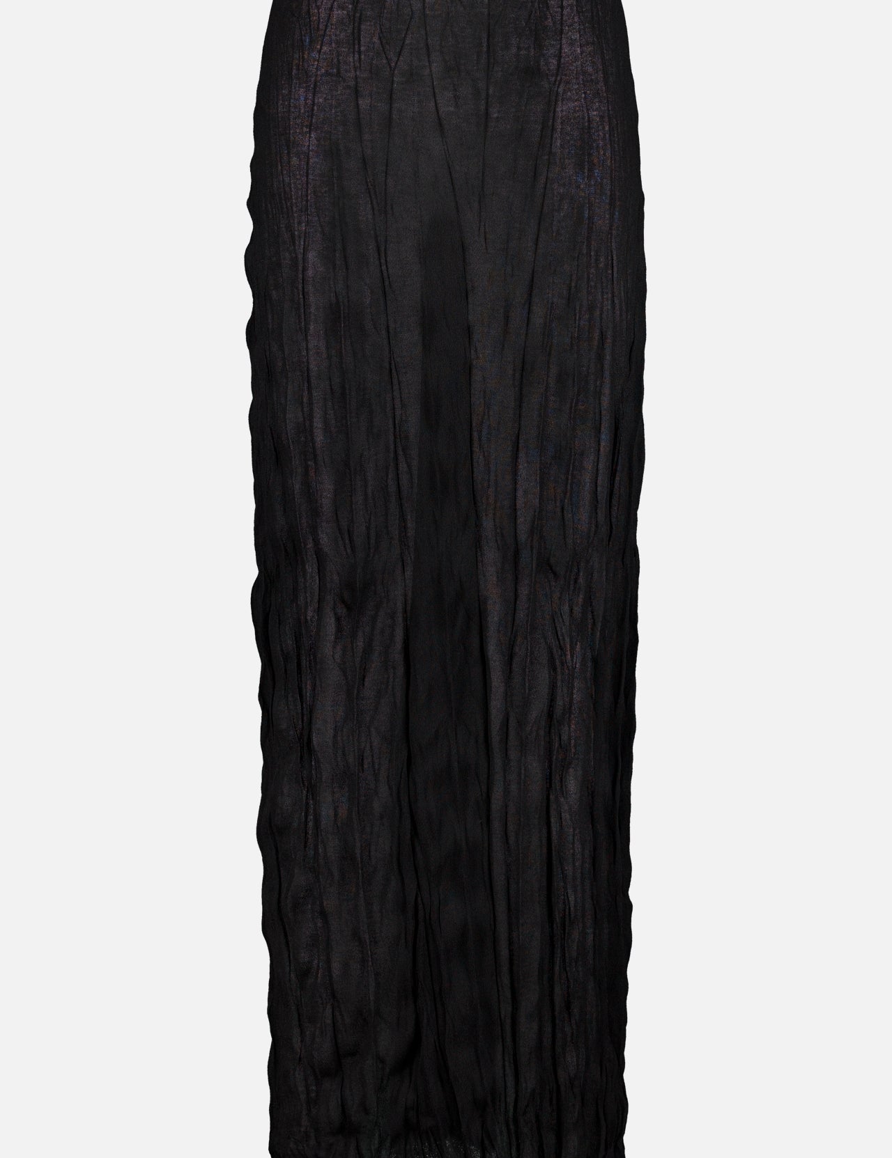 The TOTEME Crinkled Knit Pencil Skirt is a long black skirt with a semi-sheer, crinkled texture and straight silhouette, ideal for chic monochrome outfits. Shown against a plain white background.