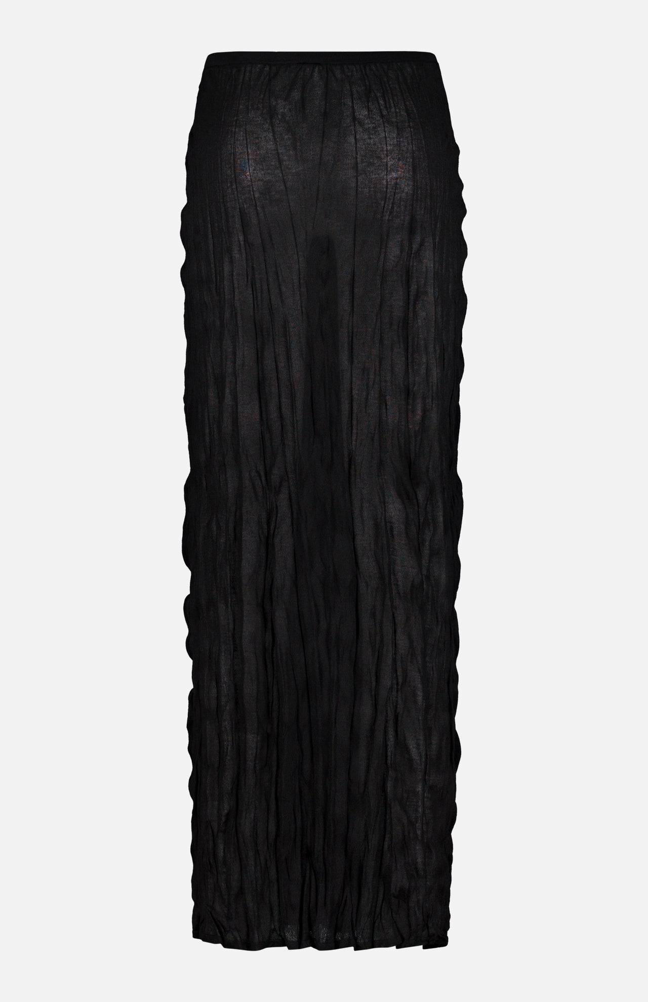 The TOTEME Crinkled Knit Pencil Skirt is a long black skirt with a sheer, crinkled texture, straight silhouette, and elastic waistband—ideal for chic monochrome outfits. Shown on a plain white background.