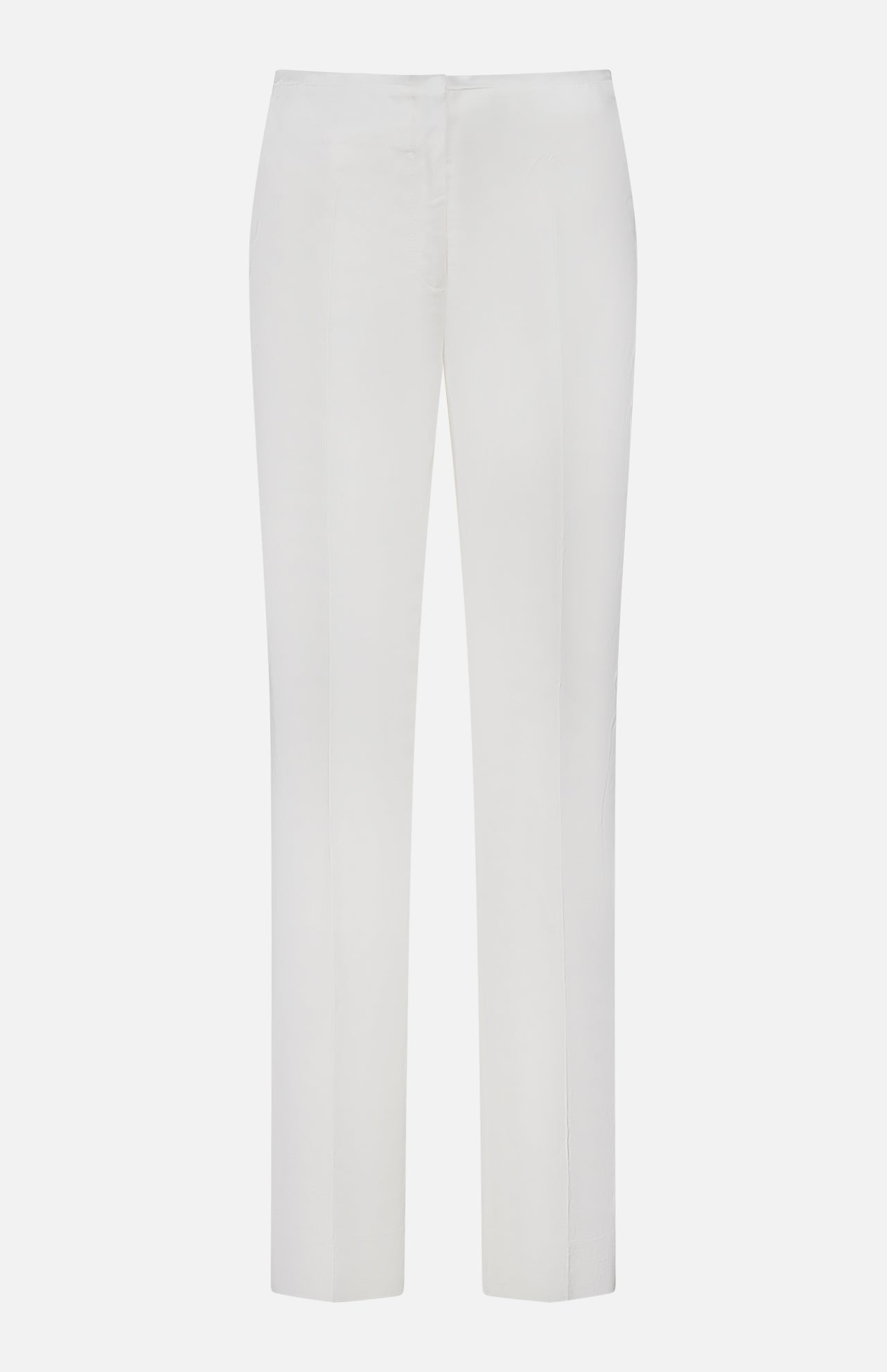 The TOTEME Easy Raw Edge Trouser Pants are tailored, office-ready white pants with a straight silhouette, flat front, and a minimalist design—no visible pockets or embellishments—shown against a plain white background.