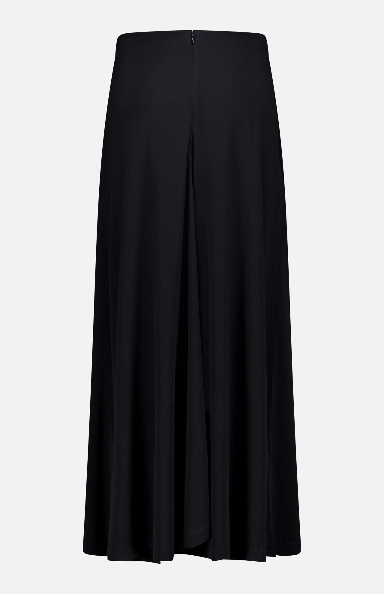 The TOTEME Flared Jersey Skirt is a black, ankle-length skirt with a high waist, center seam, and subtle front slit, shown against a plain white background.
