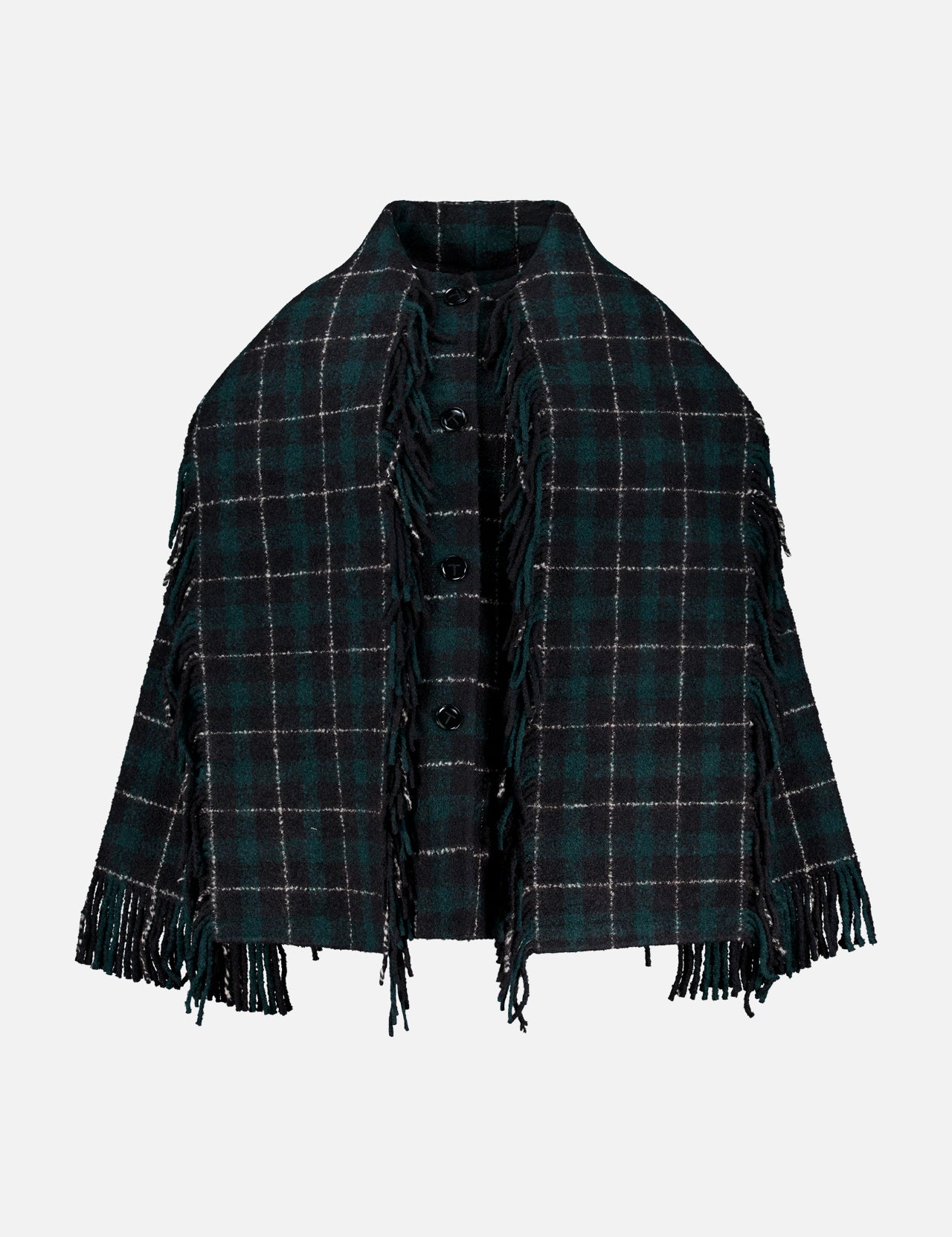 The TOTEME Fringed Scarf Jacket is a dark green and black wool-blend plaid cape, featuring fringe along the edges and button closures down the front, displayed on a plain white background.