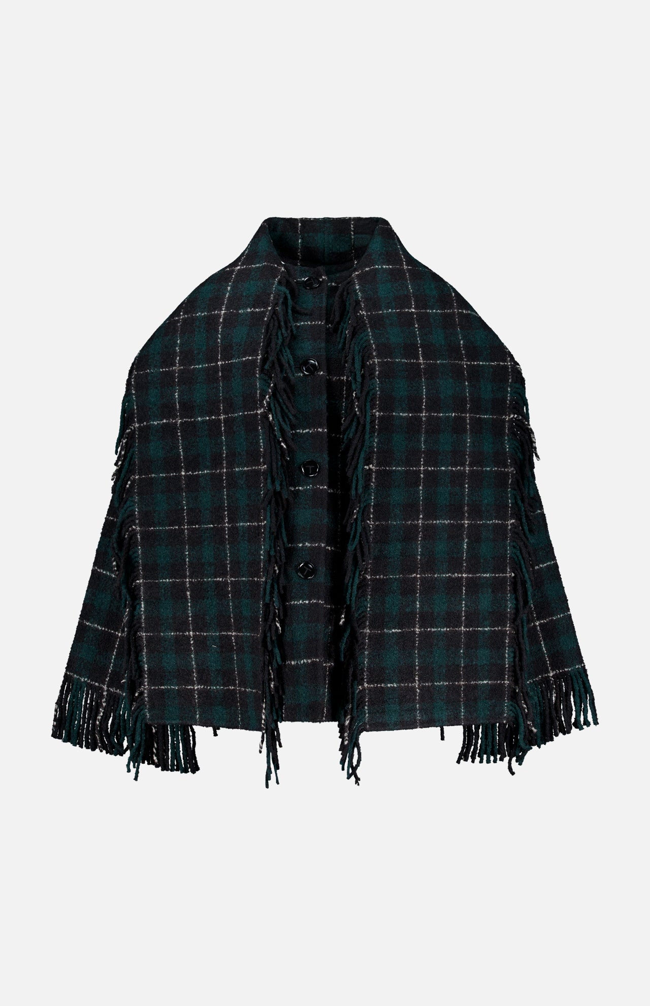 The TOTEME Fringed Scarf Jacket is a dark green and black wool-blend plaid cape, featuring fringe along the edges and button closures down the front, displayed on a plain white background.
