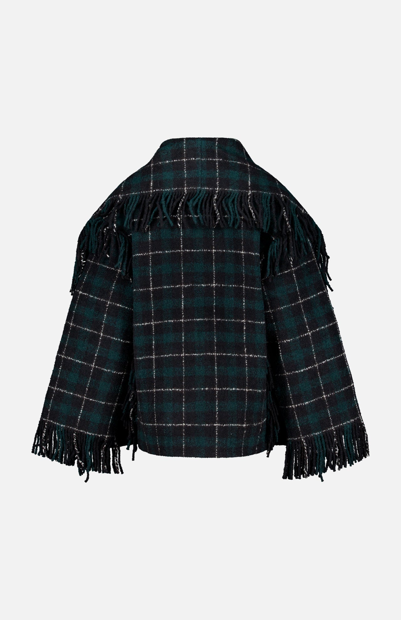 A back view of the TOTEME Fringed Scarf Jacket, a dark plaid wool-blend piece in green and black tones, featuring fringe detailing along the upper back, shoulders, and sleeve edges.