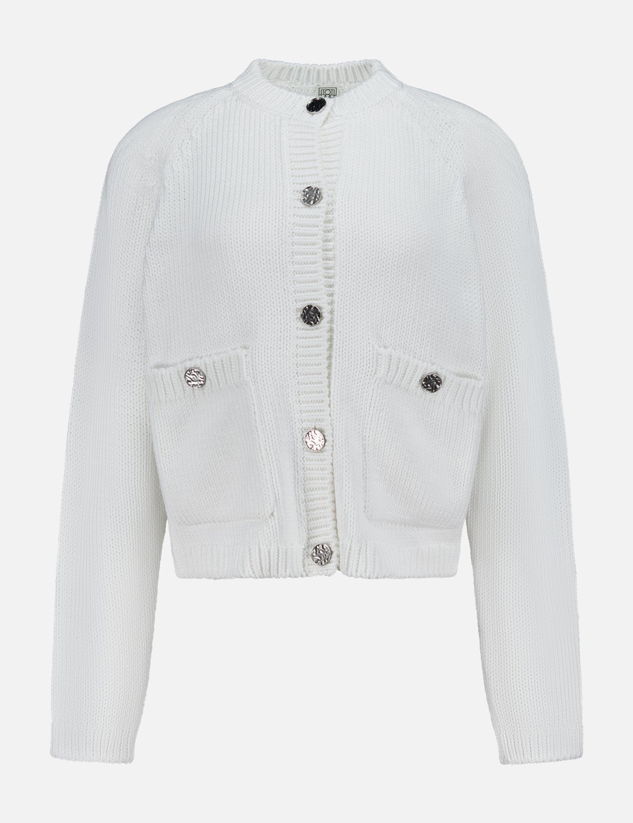 TOTEME’s Hammered Button Cotton Cardigan features long sleeves, a button-front closure with round metallic hammered buttons, ribbed cuffs and hem, and two patch pockets. The decorative buttons add a refined touch to its simple, elegant white cotton design.