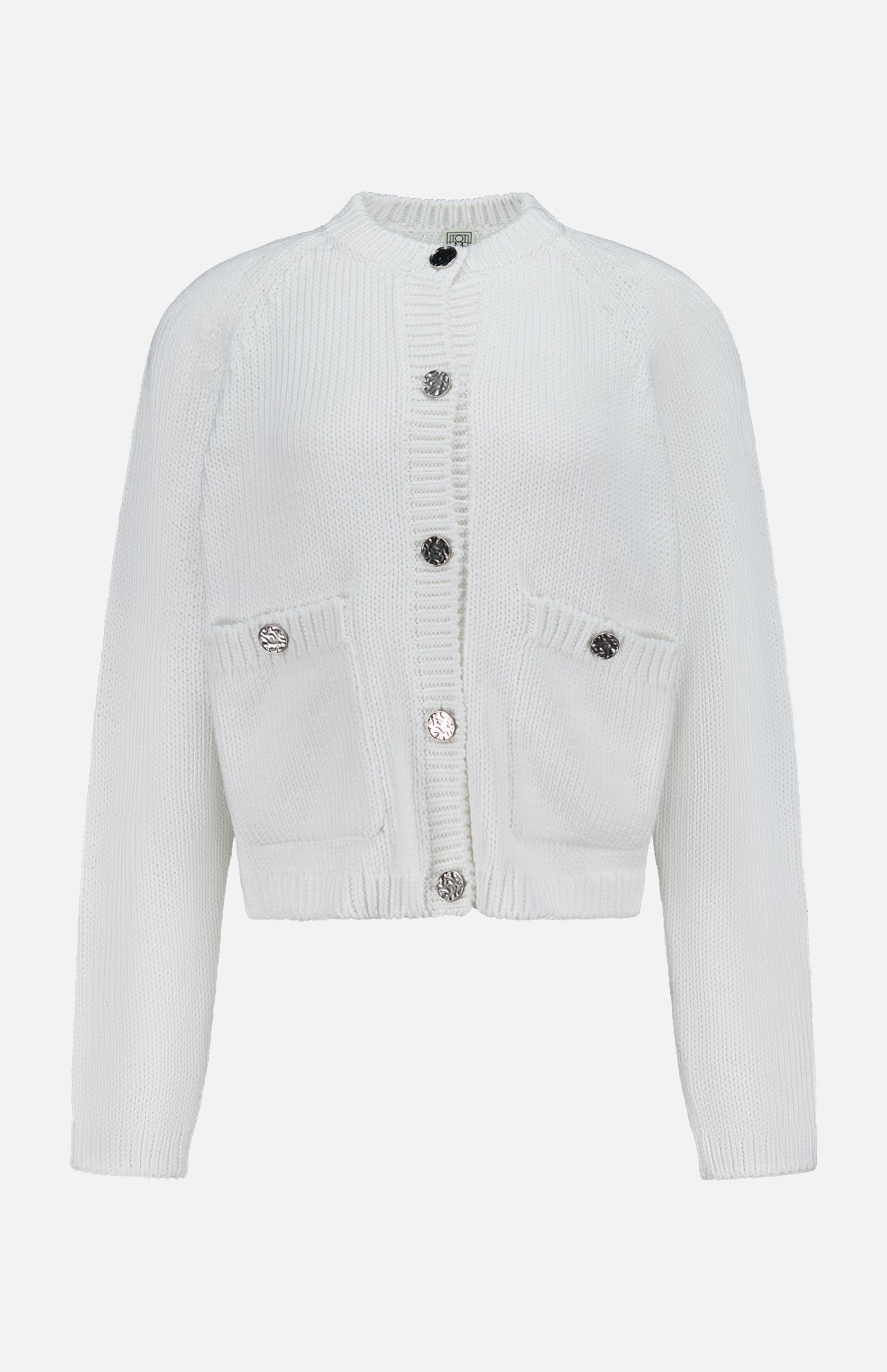 TOTEME’s Hammered Button Cotton Cardigan features long sleeves, a button-front closure with round metallic hammered buttons, ribbed cuffs and hem, and two patch pockets. The decorative buttons add a refined touch to its simple, elegant white cotton design.