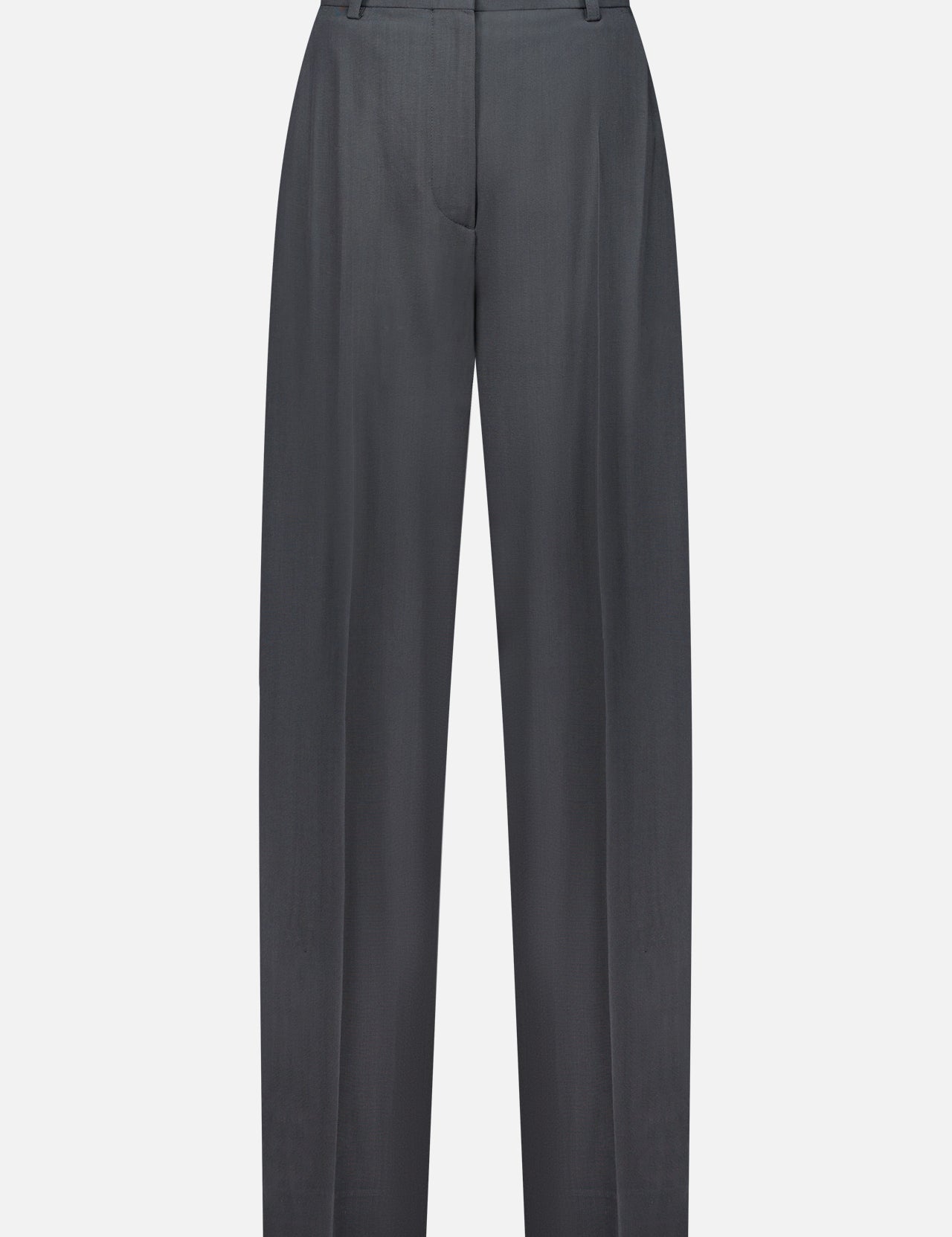 The TOTEME High-Waisted Trouser Pants in dark grey feature a straight-leg cut, sleek tailoring, and belt loops, showcased against a plain white background.