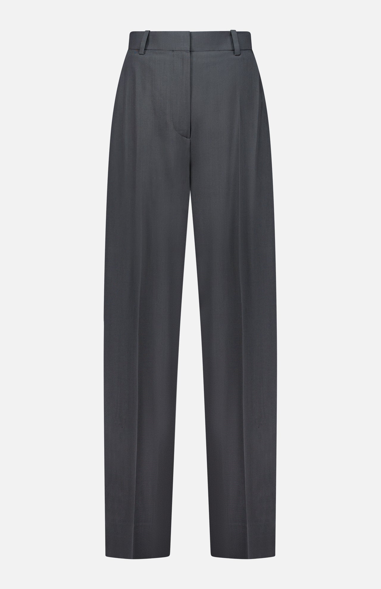 The TOTEME High-Waisted Trouser Pants in dark grey feature a straight-leg cut, sleek tailoring, and belt loops, showcased against a plain white background.
