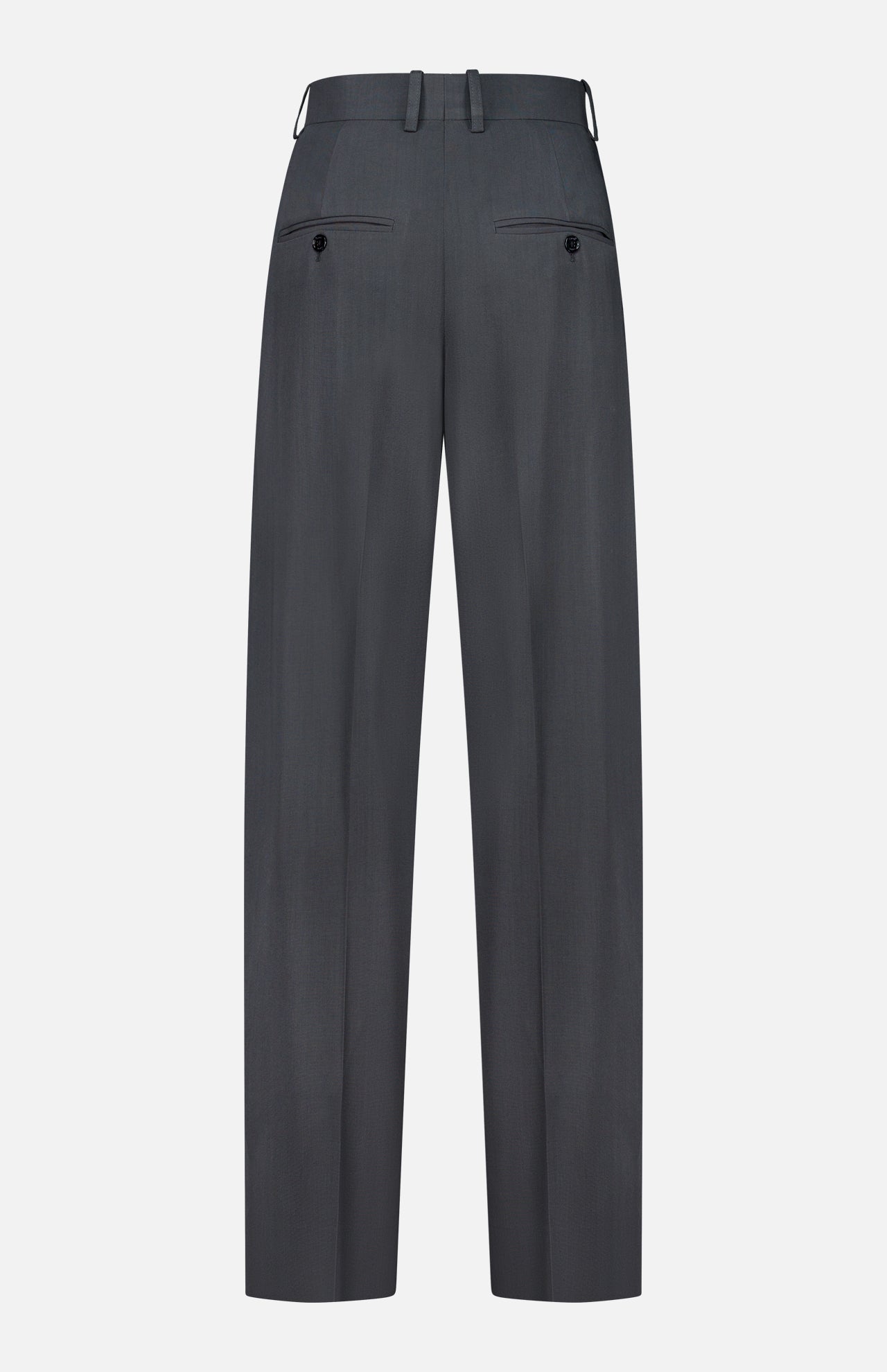 Back view of TOTEME High-Waisted Trouser Pants in dark grey, featuring belt loops, two buttoned rear welt pockets, and a straight-leg silhouette.