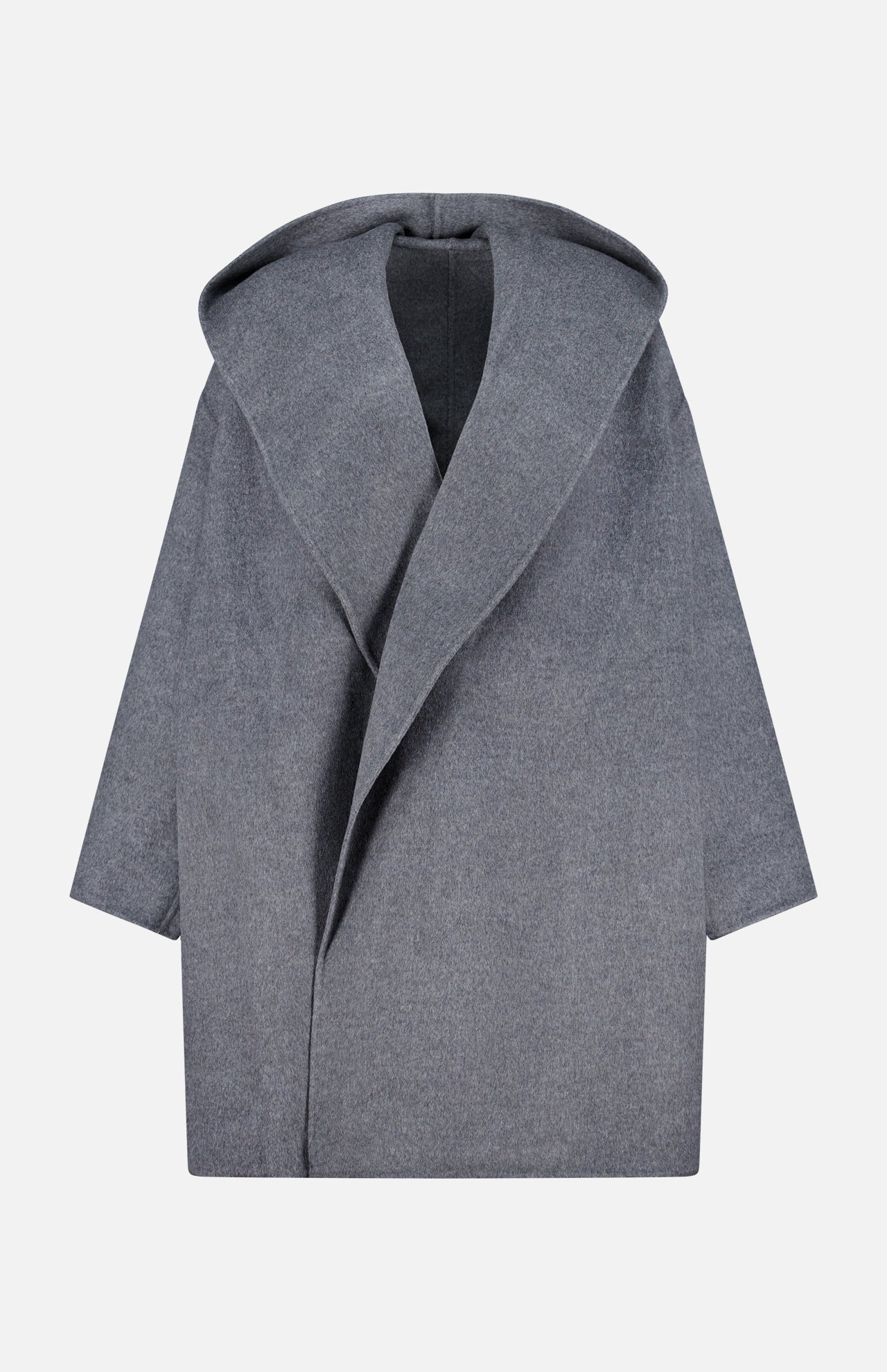 The TOTEME Wool Hoodie Coat is a grey coat crafted from wool, designed with an oversized hood and wide lapels. Featuring an open front, loose relaxed fit, and long sleeves, it is displayed against a plain white background.