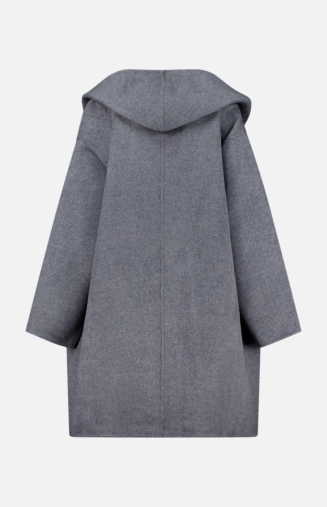 A back view of the TOTEME Wool Hoodie Coat in grey, featuring wide sleeves and a loose, oversized fit, displayed against a plain white background.